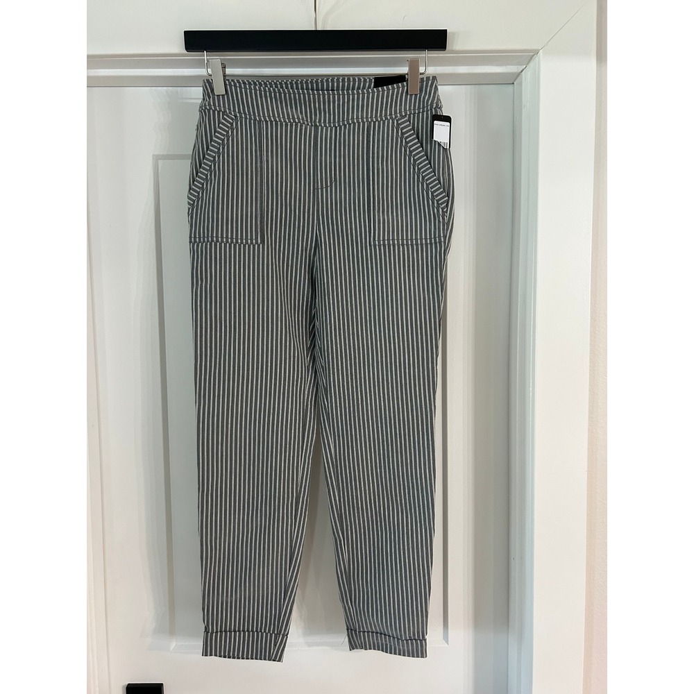 NEW Soho Apparel Ltd Womens Grey Pinstripe Tapered Pull On Pants Medium Preppy